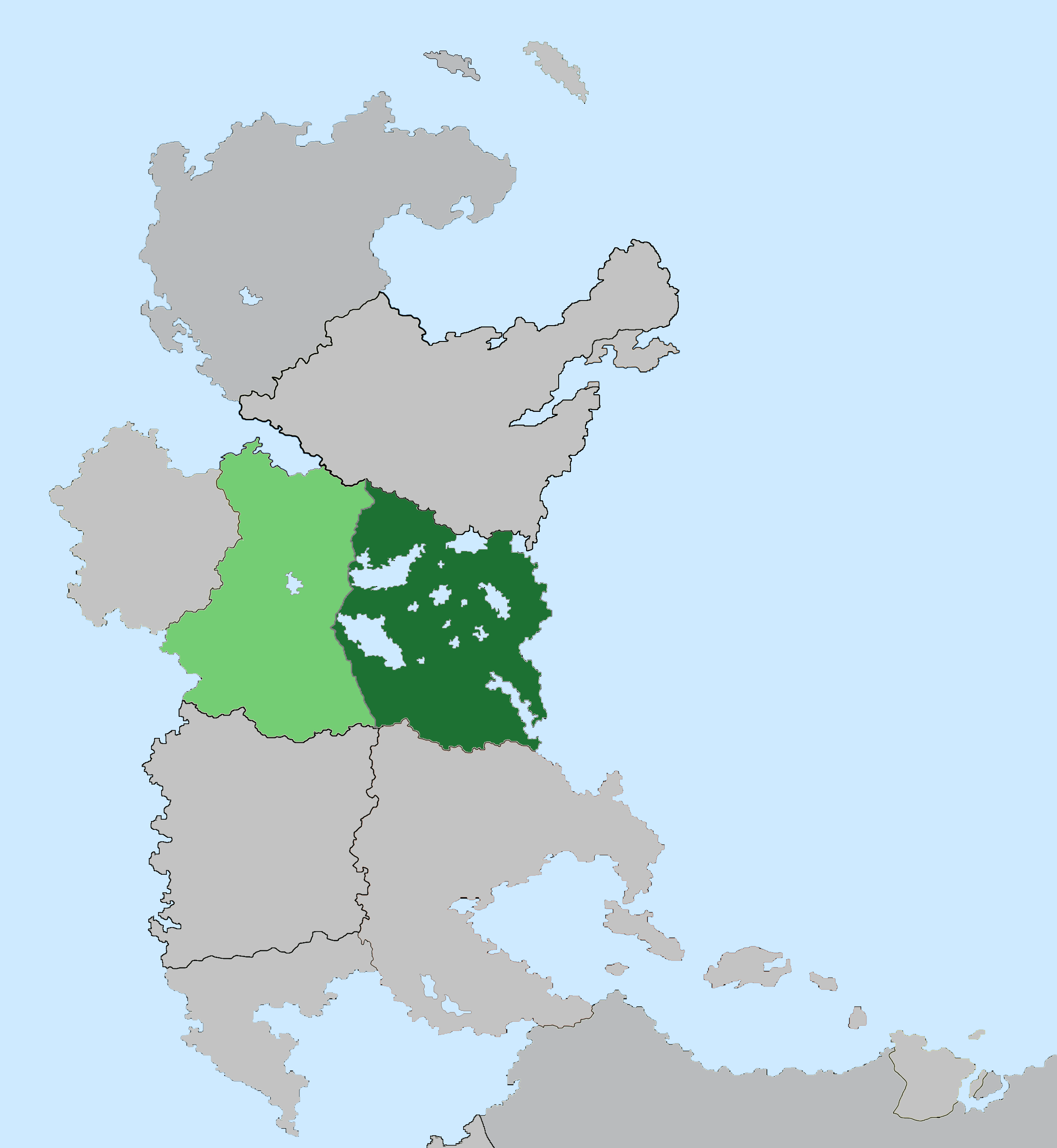 Location of Candanadian-ruled Edofasia in North Terra, highlighted in green. Territory in light green controlled between 1805 and 1916, territory in dark green controlled between 1783 and 1968 as East Edofasia.